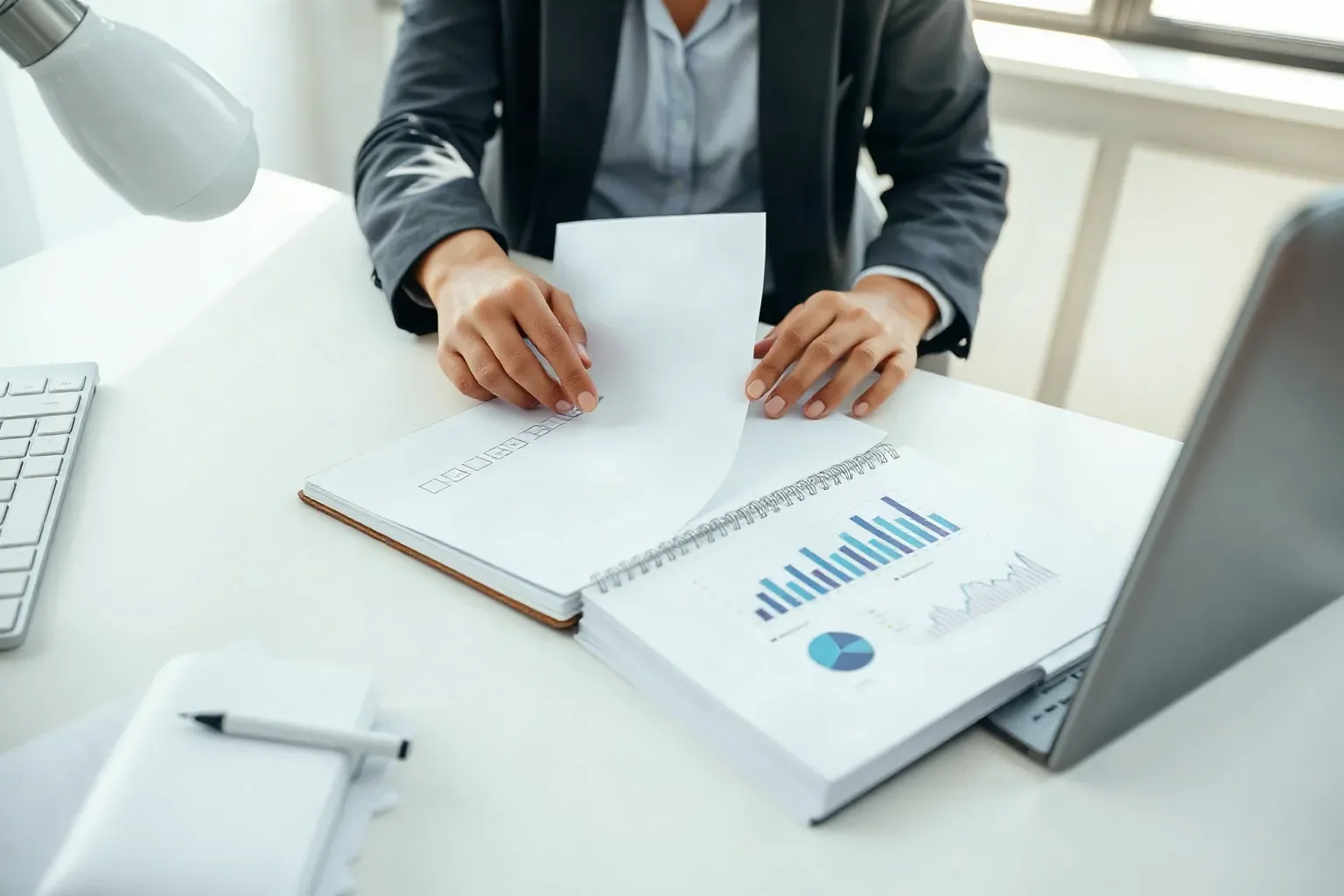 A person in a dark blazer leafs through papers beside a spiral-bound report showing bar charts and a pie chart, on a white desk with a keyboard and laptop nearby