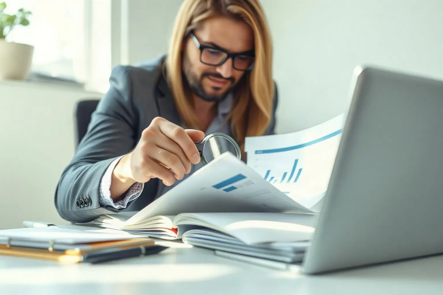 A small-business owner at a focused office workspace sliding a printed report across the desk to place a magnifying glass over a specific chart section while tabbed folders are fanned open at the desk edge