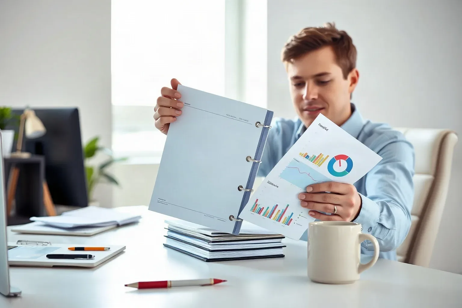 A person seated at a white desk examines printed charts and graphs held in a ring-bound folder, with stacked notebooks, pens, and a mug nearby