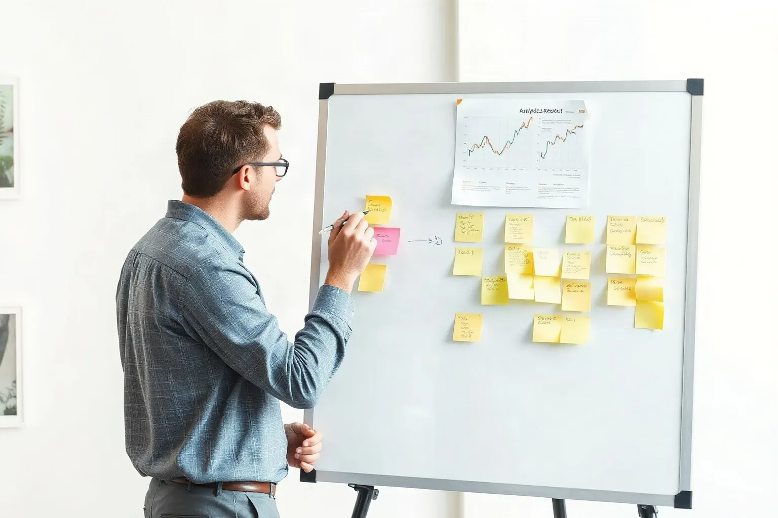 A person wearing glasses writes on a pink sticky note fixed to a whiteboard covered in yellow sticky notes and a printed chart