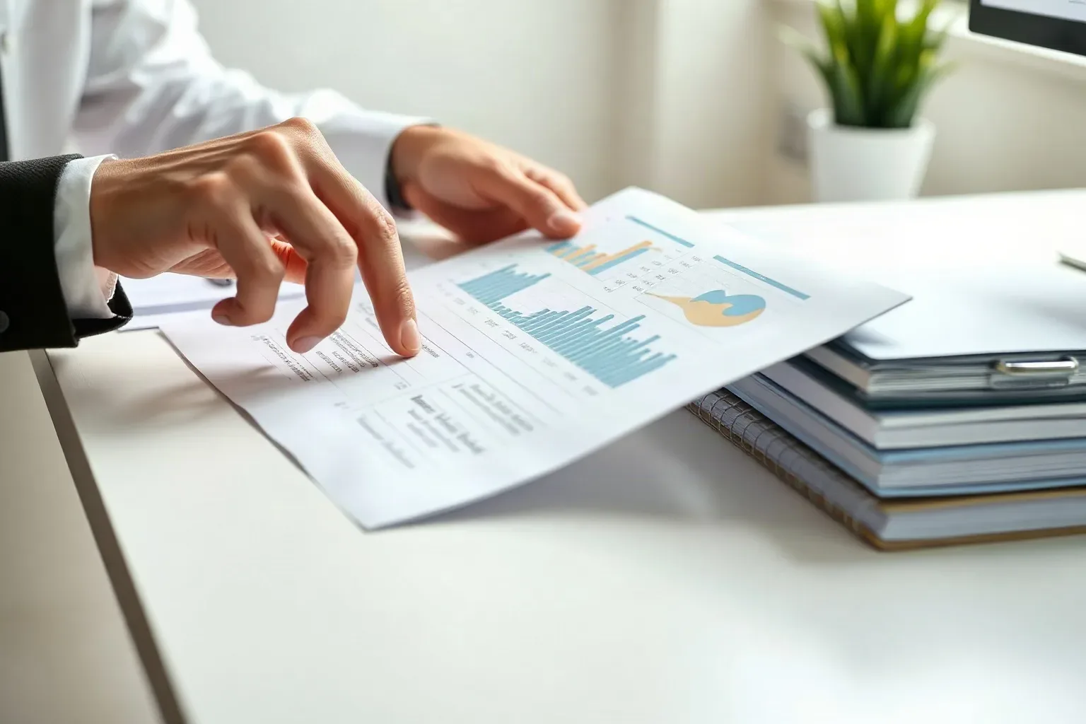 A marketing professional at a focused desk workspace laying a printed analytics report open to a line-chart page and pressing a fingertip against a section heading while stacked ring-bound notebooks rise in a column beside them