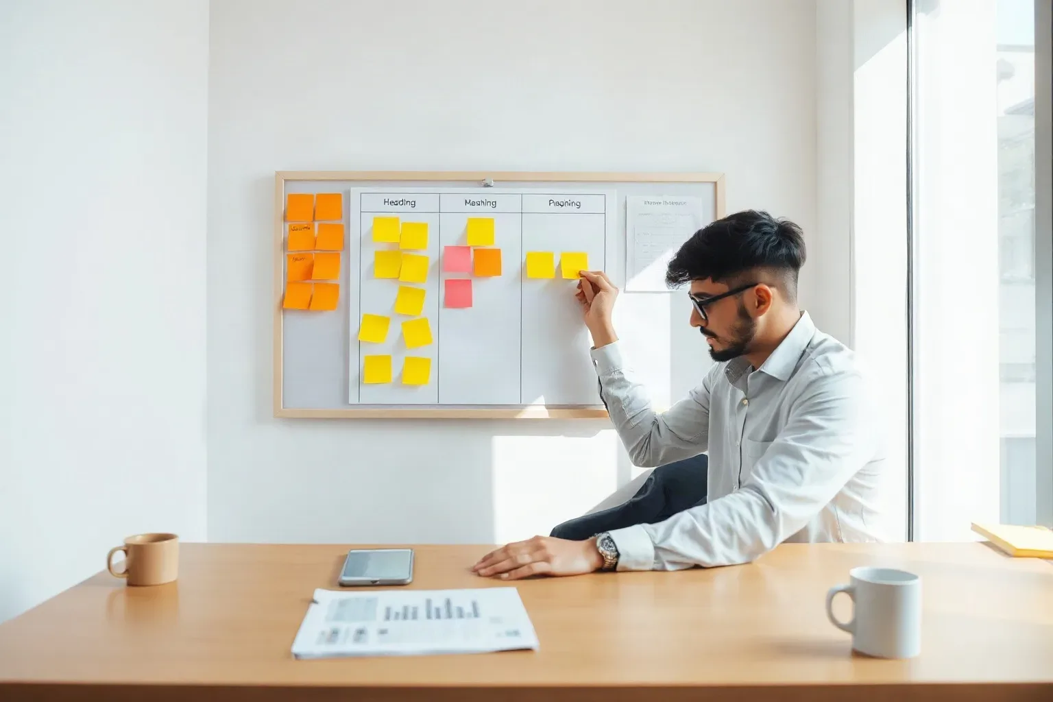 A person in a white shirt places sticky notes on a whiteboard divided into columns, seated at a wooden desk with a document, phone, and two mugs