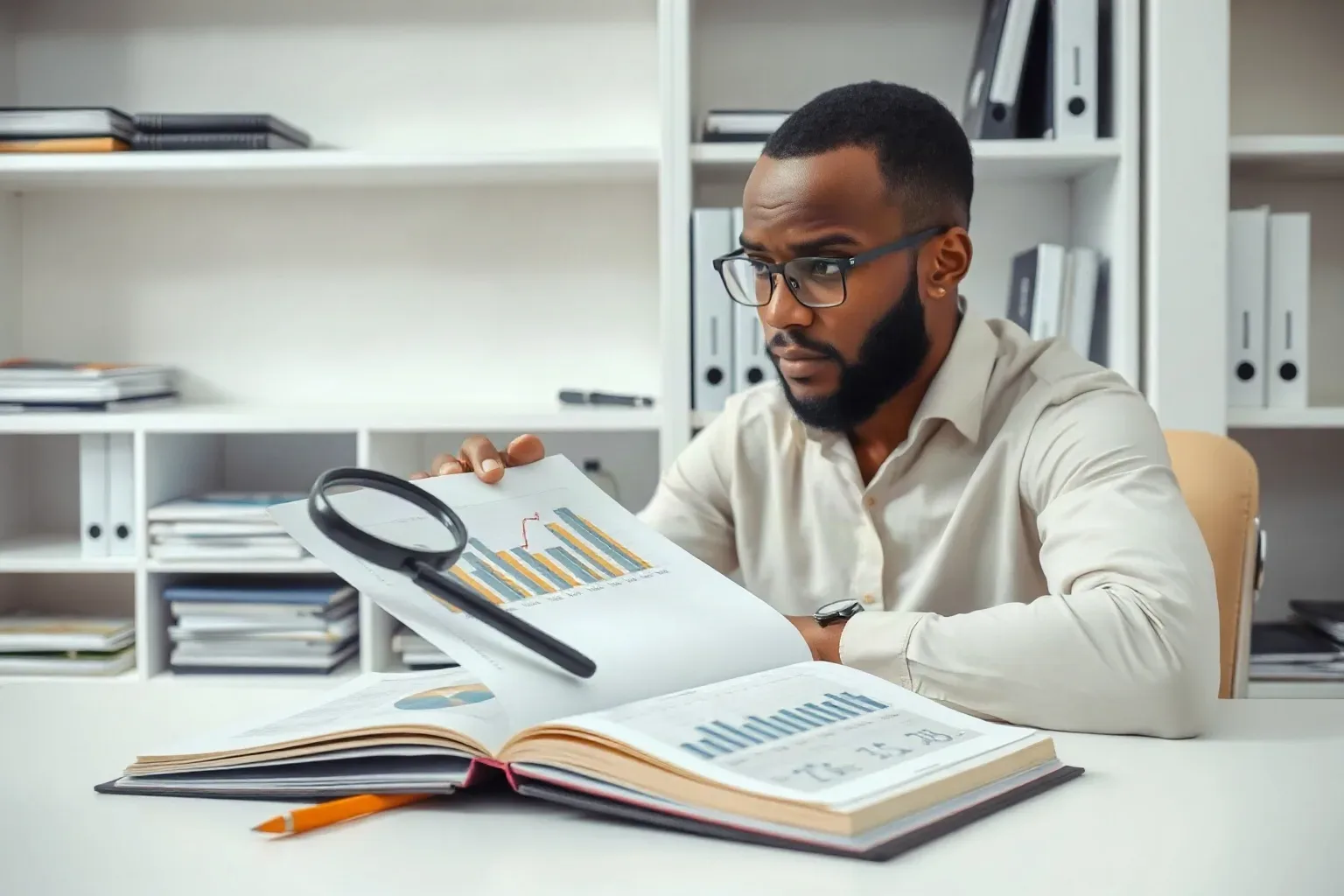 A marketing professional seated at a shelved workspace sliding a magnifying glass slowly across a row of figures on a printed bar-chart report while an open ring-bound notebook shows hand-annotated comparison data beside it