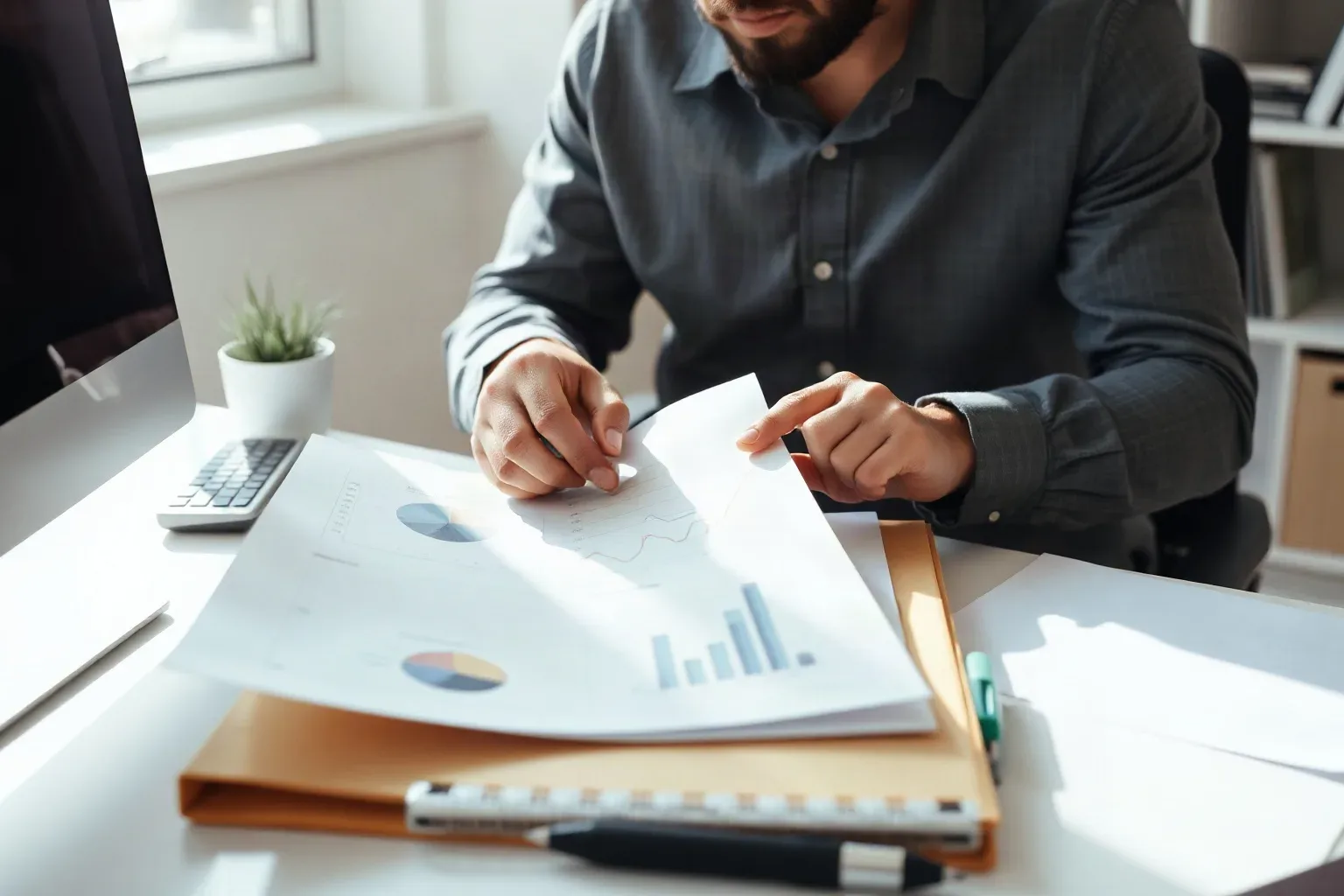 A small-business owner at a focused desk workspace holding two pages of a printed analytics report side by side and tracing a finger along a diverging line chart while tabbed folder dividers fan out across the desk corner