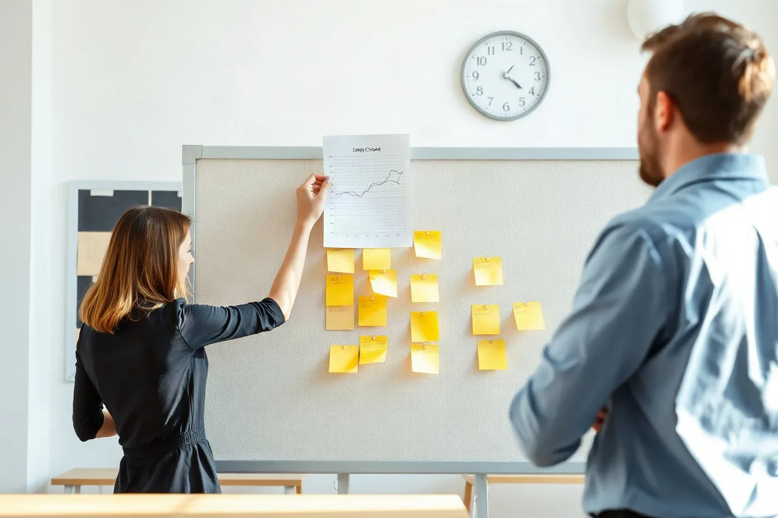 Two people work at a cork pinboard covered in yellow sticky notes, with one person pinning up a printed chart