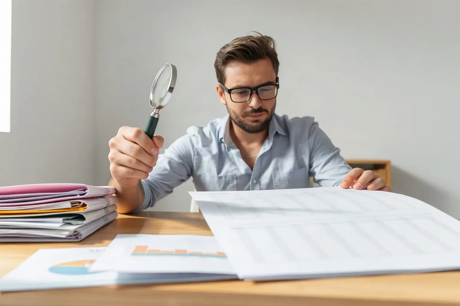 A small-business owner seated at a focused workspace pressing a magnifying glass against a dense section of a printed line-chart report while tabbed folder pages are fanned across the desk surface to the left