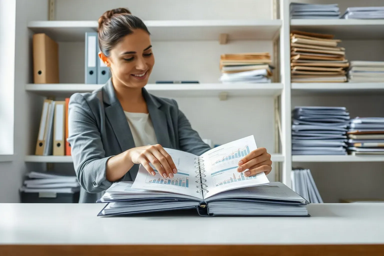 A marketing professional at a shelved office workspace pulling two ring-bound notebooks from a stack and laying them open side by side beside a printed analytics report while the shelving unit holds further stacked folders in the background