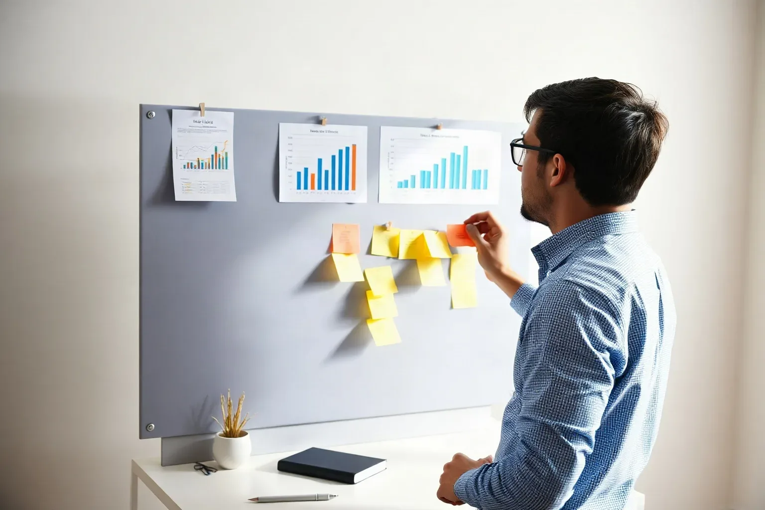 A small-business owner standing at a planning board and writing a new label on a sticky note before pressing it onto an existing cluster while a printed analytics report bearing bar charts is pinned directly above the cluster arrangement