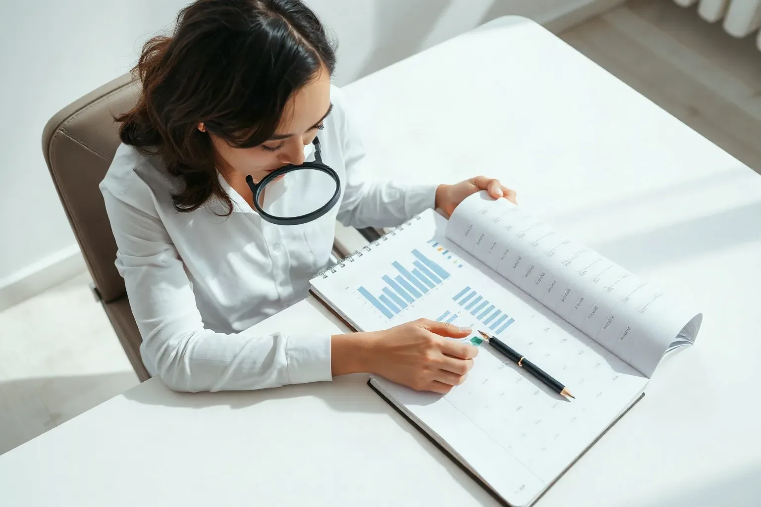 A marketing professional seated at a single-desk workspace sliding a magnifying glass along a column of figures on a printed bar-chart report and making a tick mark in the margin while a ring-bound notebook lies open to a hand-annotated comparison page beside them